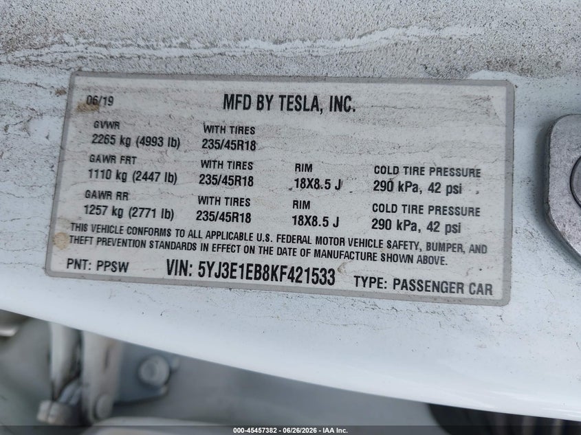 2019 Tesla Model 3 VIN 5YJ3E1EB8KF421533 IAAI salvage auction — SIDE, Salvage (New Jersey), sold $5,500 on 2026-08-02 (photo 9)