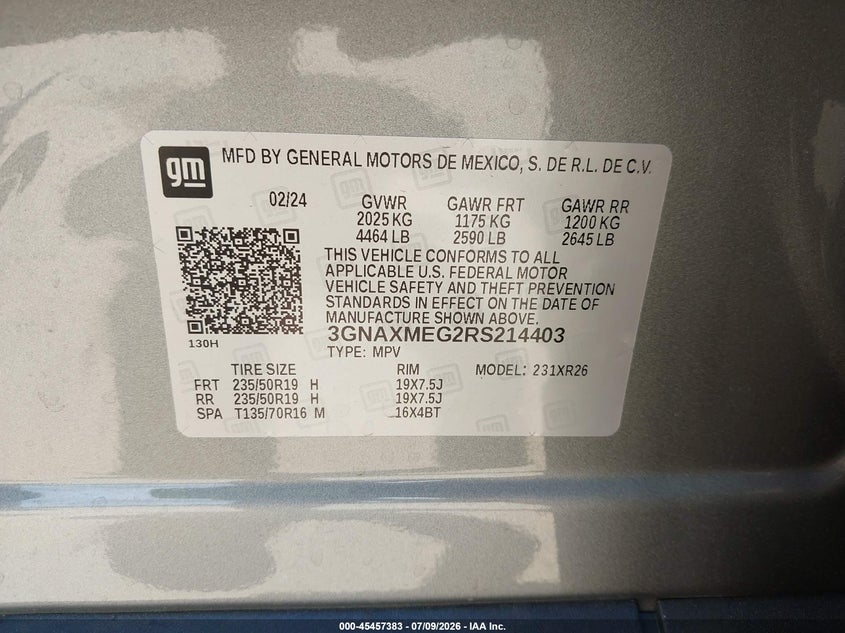 2024 Chevrolet Equinox VIN 3GNAXMEG2RS214403 IAAI salvage auction — REAR END, Salvage, sold $11,100 on 2026-07-29 (photo 9)