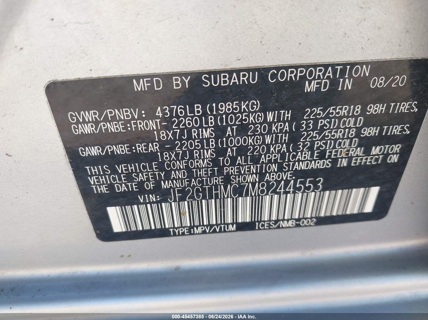 2021 Subaru Xv VIN JF2GTHMC7M8244553 IAAI salvage auction — ROOF, Salvage Title, sold $3,700 on 2026-07-14 (photo 9)