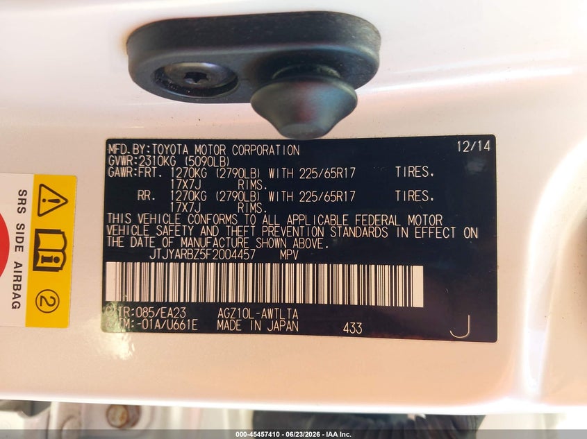 2015 Lexus Nx VIN JTJYARBZ5F2004457 IAAI salvage auction — LEFT FRONT, Clear (Hawaii), sold $11,200 on 2026-09-01 (photo 9)
