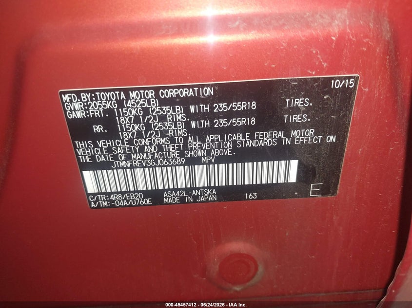 2016 Toyota Rav 4 VIN JTMNFREV3GJ063689 IAAI salvage auction — REAR END, Salvage (Arizona), sold $5,800 on 2026-07-21 (photo 9)