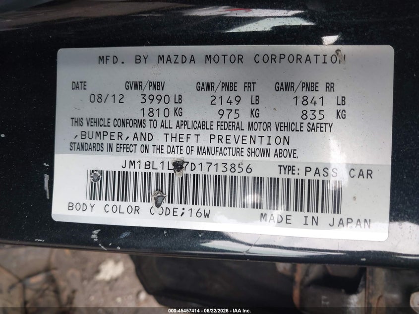 2013 Mazda VIN JM1BL1L87D1713856 IAAI salvage auction — NORMAL WEAR, Clear (New York), sold $450 on 2026-07-28 (photo 9)