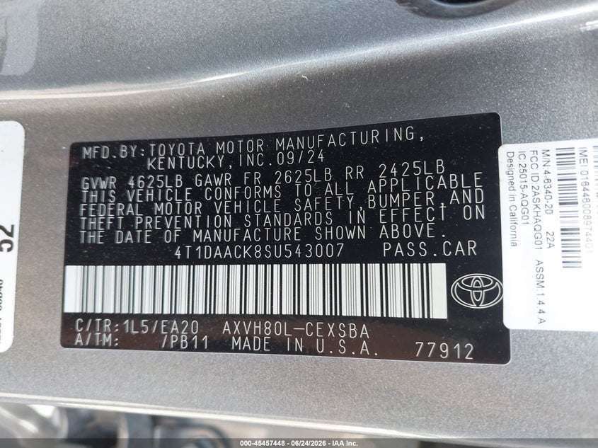 2025 Toyota Camry VIN 4T1DAACK8SU543007 IAAI salvage auction — SIDE, Salvage Title, sold $13,000 on 2026-08-26 (photo 9)