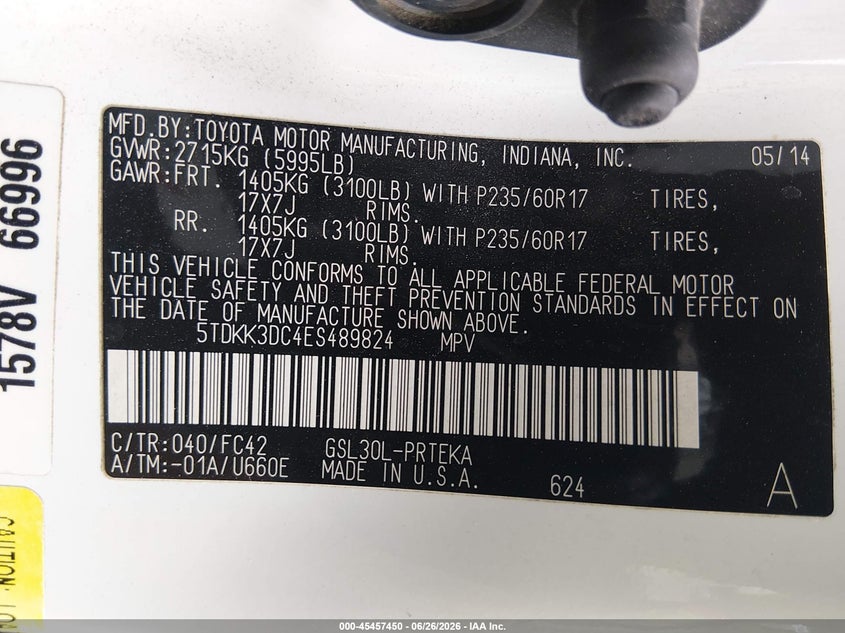 2014 Toyota Sienna VIN 5TDKK3DC4ES489824 IAAI salvage auction — NORMAL WEAR, Clear (California), sold $2,325 on 2026-07-20 (photo 9)