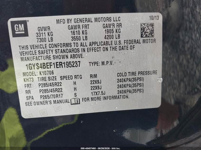 2014 Cadillac Escalade VIN 1GYS4BEF1ER195237 IAAI salvage auction — NORMAL WEAR, Clear (Tennessee), sold $1,550 on 2026-07-09 (photo 9)