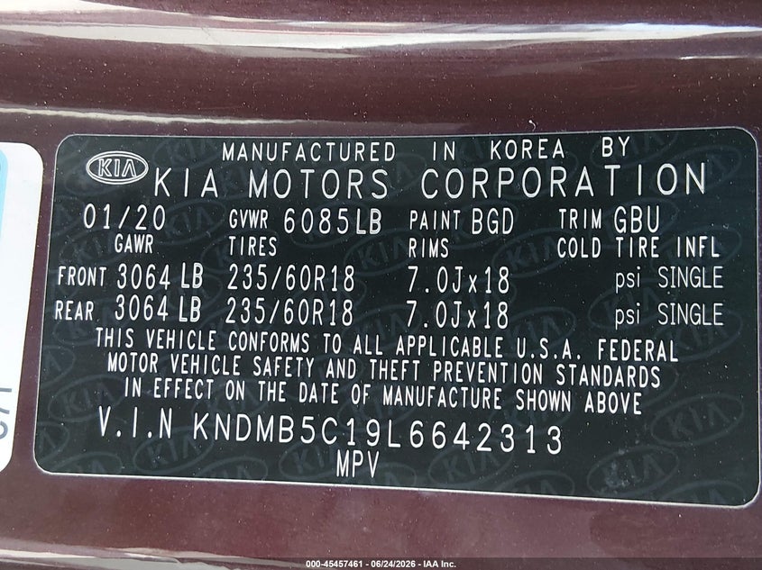 2020 Kia SEDONA VIN KNDMB5C19L6642313 IAAI salvage auction — EXTERIOR BURN, Salvage (California), sold $25 on 2026-07-29 (photo 9)