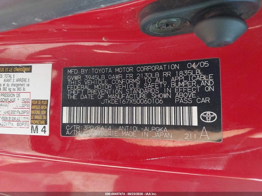 2005 Scion Tc VIN JTKDE167X50060106 IAAI salvage auction — LEFT REAR, Salvage (Pennsylvania), sold $300 on 2026-07-14 (photo 9)