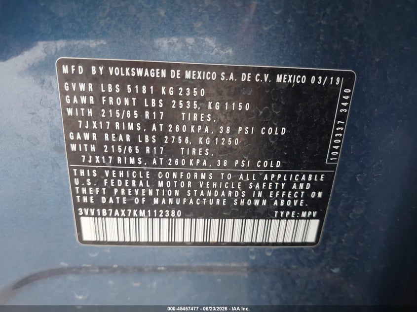 2019 Volkswagen Tiguan VIN 3VV1B7AX7KM112380 IAAI salvage auction — RIGHT REAR, Salvage Title, sold $2,450 on 2026-08-15 (photo 9)