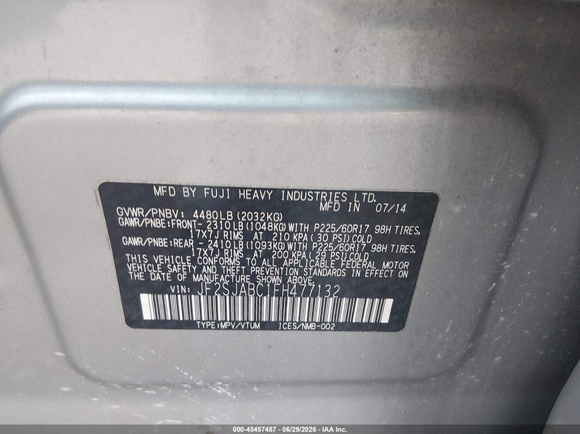 2015 Subaru Forester VIN JF2SJABC1FH477132 IAAI salvage auction — NORMAL WEAR, Clear (Tennessee), sold $1,200 on 2026-07-29 (photo 9)