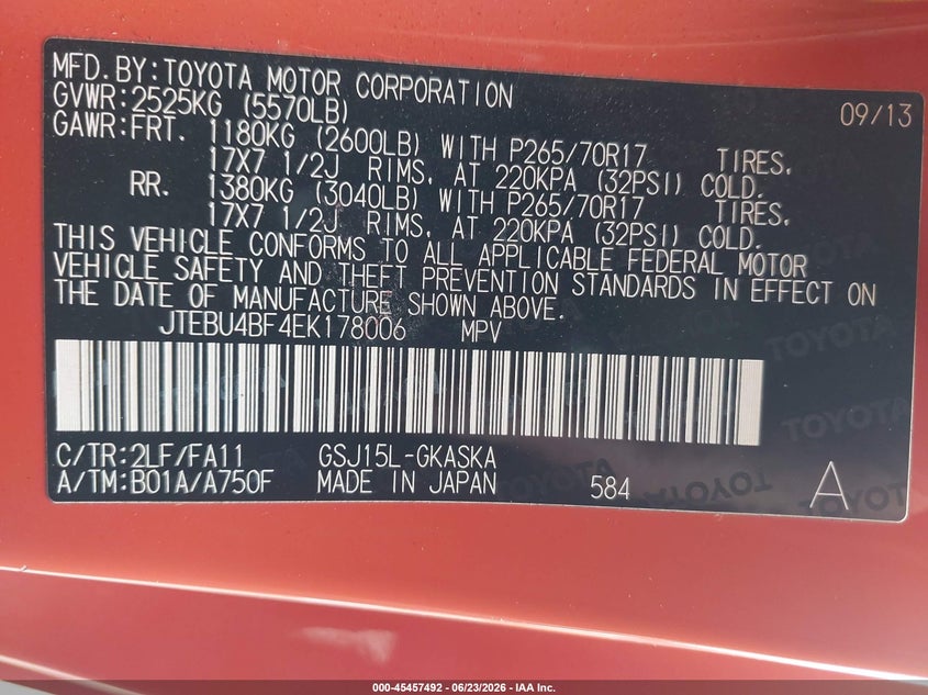 2014 Toyota Fj cruiser VIN JTEBU4BF4EK178006 IAAI salvage auction — ROLLOVER, Salvage Title, sold $7,100 on 2026-07-16 (photo 9)