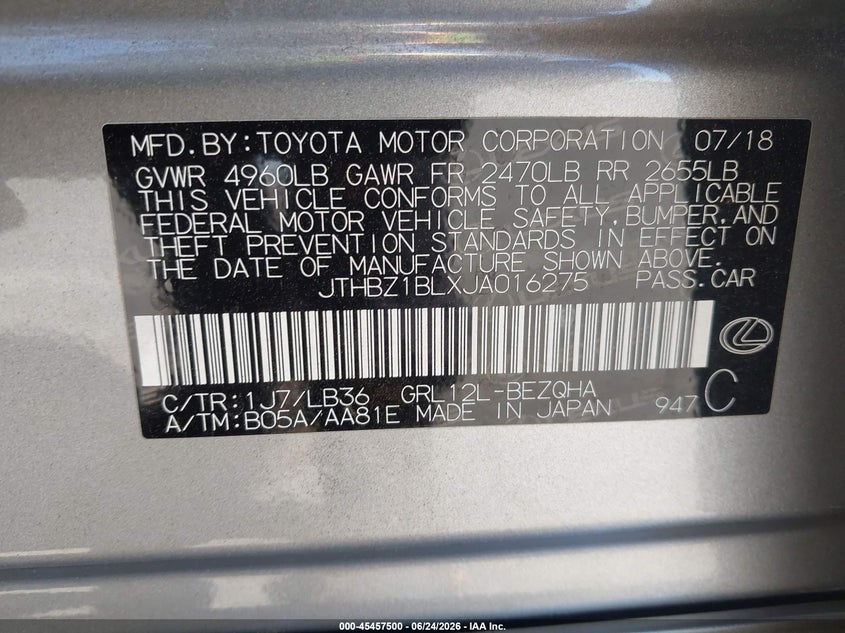 2018 Lexus Gs VIN JTHBZ1BLXJA016275 IAAI salvage auction — BIO HAZARD, Salvage Title, sold $4,400 on 2026-07-29 (photo 9)
