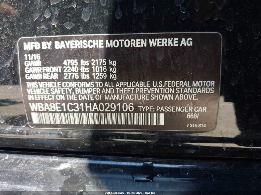 2017 BMW 3er VIN WBA8E1C31HA029106 IAAI salvage auction — FRONT END, Salvage Title, sold $2,000 on 2026-07-29 (photo 9)