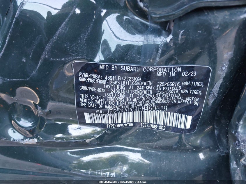 2023 Subaru Forester VIN JF2SKAPC4PH450529 IAAI salvage auction — SIDE, Salvage Title, sold $7,300 on 2026-07-31 (photo 9)