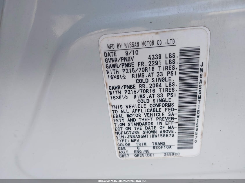 2011 Nissan Rogue sport VIN JN8AS5MT1BW158576 IAAI salvage auction — NORMAL WEAR, Repossession Paperwork (Georgia), sold $125 on 2026-07-20 (photo 9)