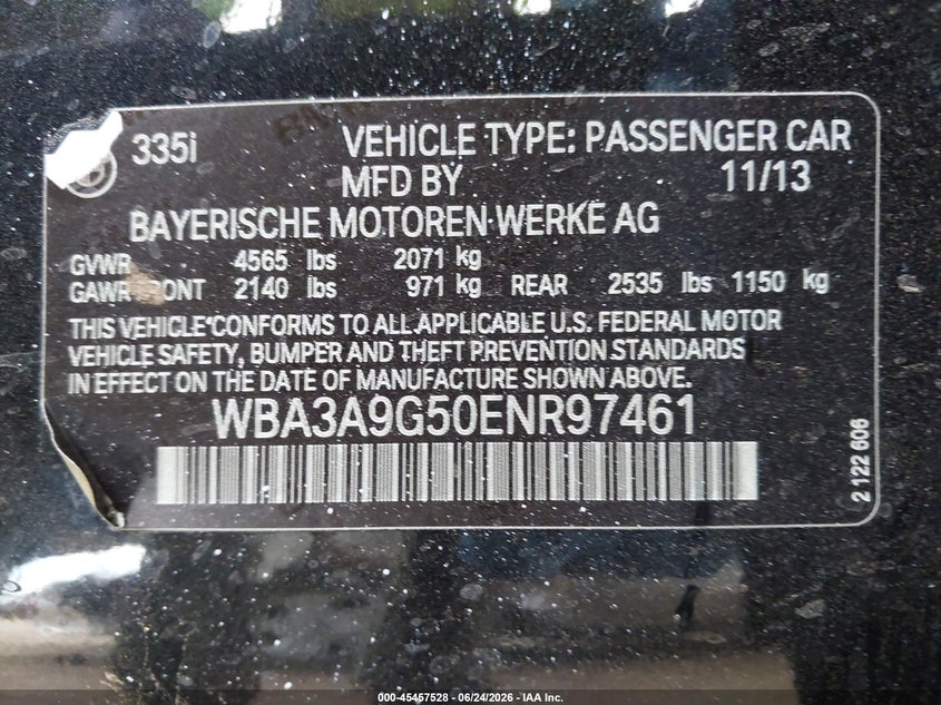 2014 BMW 3er VIN WBA3A9G50ENR97461 IAAI salvage auction — RIGHT FRONT, Salvage (Arizona), sold $1,600 on 2026-07-28 (photo 9)