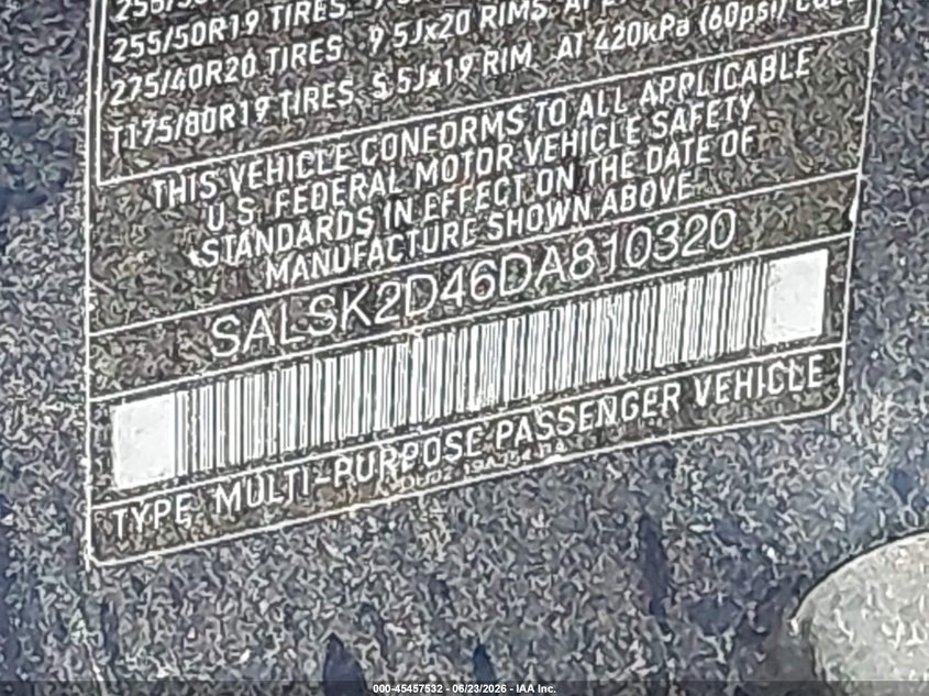 2013 Land rover Range rover sport VIN SALSK2D46DA810320 IAAI salvage auction — ENGINE DAMAGE, Mv-907A (New York), sold $500 on 2026-07-14 (photo 9)