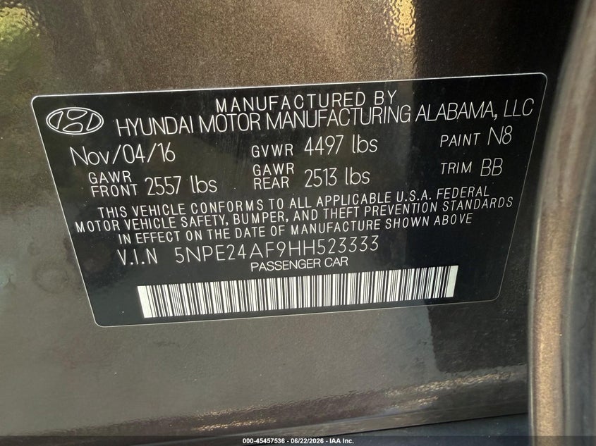 2017 Hyundai Sonata VIN 5NPE24AF9HH523333 IAAI salvage auction — NORMAL WEAR, Salvage (California), sold $1,600 on 2026-07-09 (photo 9)