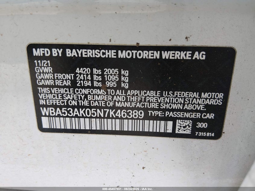 2022 BMW 2er VIN WBA53AK05N7K46389 IAAI salvage auction — FRONT END, Salvage Title, sold $3,450 on 2026-08-21 (photo 9)