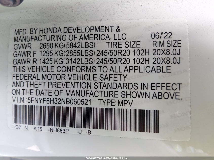 2022 Honda Pilot VIN 5FNYF6H32NB060521 IAAI salvage auction — FRONT END, Salvage (New Jersey), sold $8,550 on 2026-08-18 (photo 9)