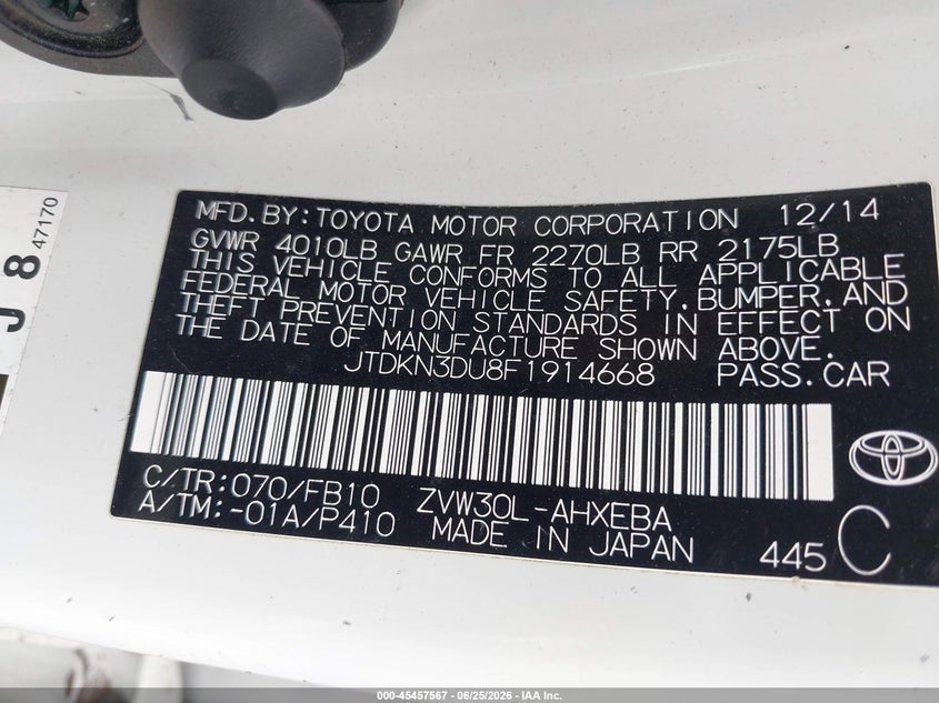 2015 Toyota Prius VIN JTDKN3DU8F1914668 IAAI salvage auction — FRONT END, Salvage (Indiana), sold $2,750 on 2026-07-29 (photo 9)