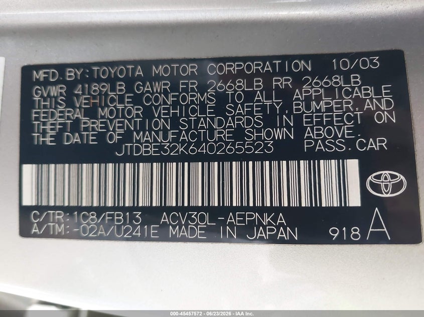 2004 Toyota Camry VIN JTDBE32K640265523 IAAI salvage auction — FRONT END, Salvage (California), sold $1,050 on 2026-07-15 (photo 9)