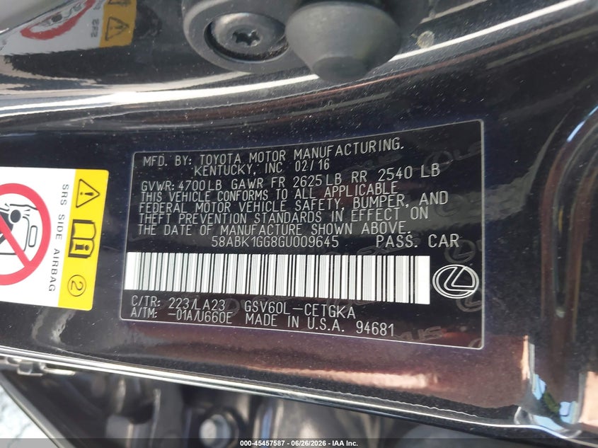 2016 Lexus ES VIN 58ABK1GG8GU009645 IAAI salvage auction — SIDE, Salvage Title, sold $4,000 on 2026-07-18 (photo 9)