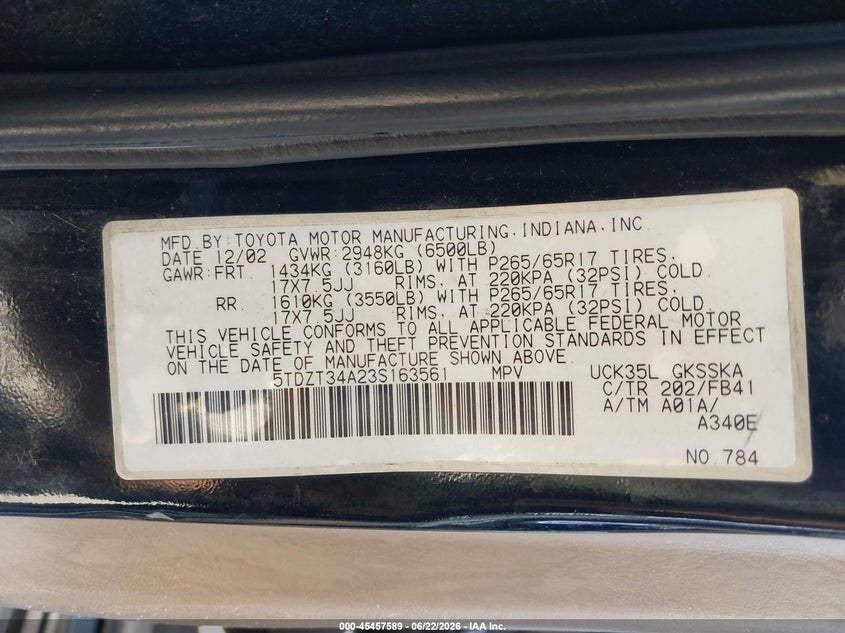 2003 Toyota Sequoia VIN 5TDZT34A23S163561 IAAI salvage auction — UNKNOWN, Salvage (California), sold $675 on 2026-07-09 (photo 9)