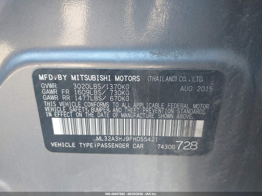 2015 Mitsubishi Mirage VIN ML32A3HJ9FH055421 IAAI salvage auction — LEFT FRONT, Salvage Title, sold $425 on 2026-07-31 (photo 9)
