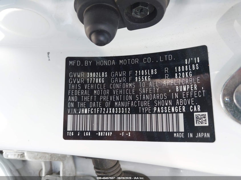 2018 Honda Civic VIN JHMFC1F72JX033312 IAAI salvage auction — RIGHT FRONT, Salvage Title, sold $3,250 on 2026-07-22 (photo 9)