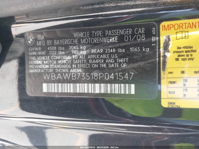 2008 BMW 3er VIN WBAWB73518P041547 IAAI salvage auction — FRONT END, Salvage (Arizona), sold $700 on 2026-07-08 (photo 9)
