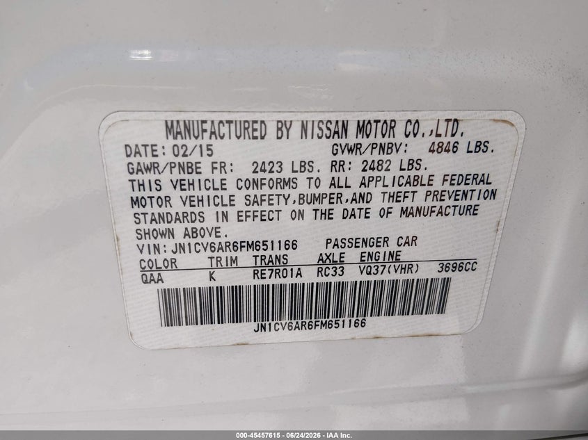2015 Infiniti Q40 VIN JN1CV6AR6FM651166 IAAI salvage auction — REAR END, Salvage Title, sold $1,200 on 2026-07-26 (photo 9)