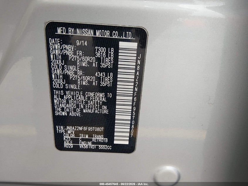 2015 Infiniti Qx80 VIN JN8AZ2NF6F9570807 IAAI salvage auction — LEFT REAR, Repossession Paperwork (Georgia), sold $2,200 on 2026-07-15 (photo 9)