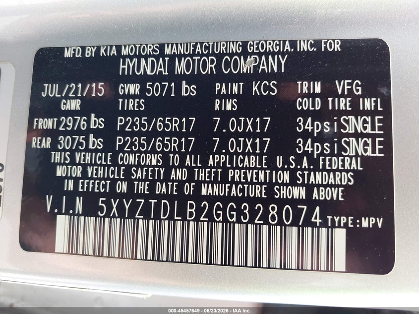 2016 Hyundai Santa fe VIN 5XYZTDLB2GG328074 IAAI salvage auction — LEFT SIDE, Clear - Dealer Only (California), sold $1,850 on 2026-07-15 (photo 9)