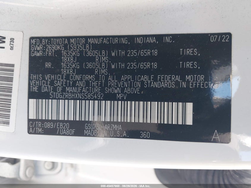 2022 Toyota Highlander VIN 5TDGZRBHXNS585492 IAAI salvage auction — FRONT END, Wait Title, sold $10,000 on 2026-08-01 (photo 9)