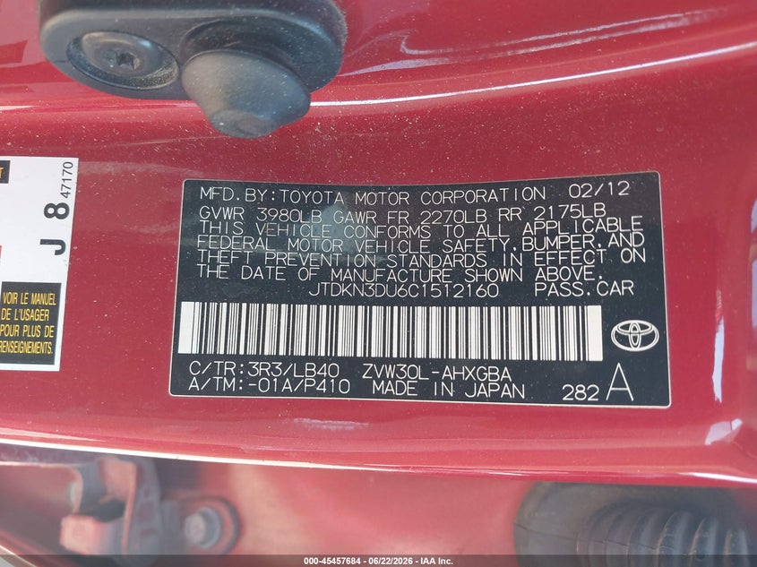 2012 Toyota Prius VIN JTDKN3DU6C1512160 IAAI salvage auction — NORMAL WEAR, Clear-Dealer Only (Arizona), sold $3,925 on 2026-07-09 (photo 9)