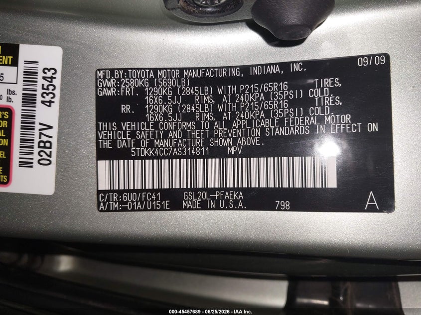 2010 Toyota Sienna VIN 5TDKK4CC7AS314811 IAAI salvage auction — FRONT END, Salvage (Tennessee), sold $625 on 2026-07-20 (photo 9)