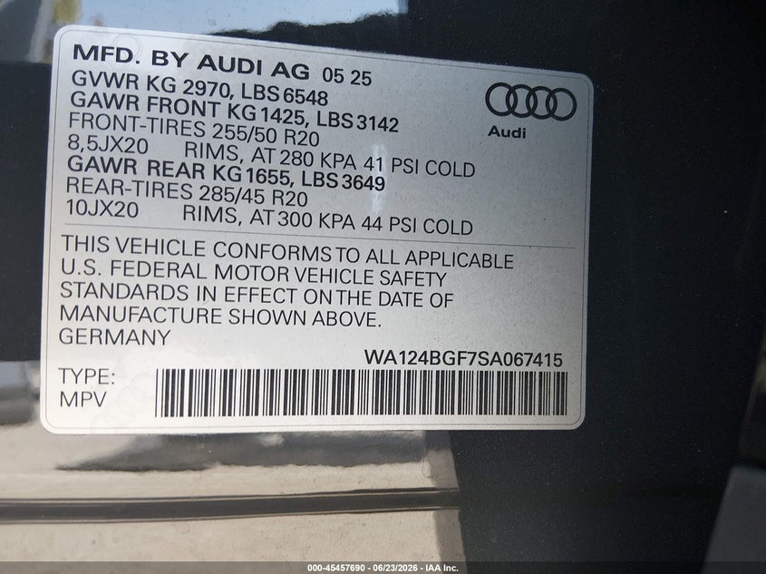 2025 Audi Q6 VIN WA124BGF7SA067415 IAAI salvage auction — FRONT END, Salvage Title, sold $14,200 on 2026-08-10 (photo 8)