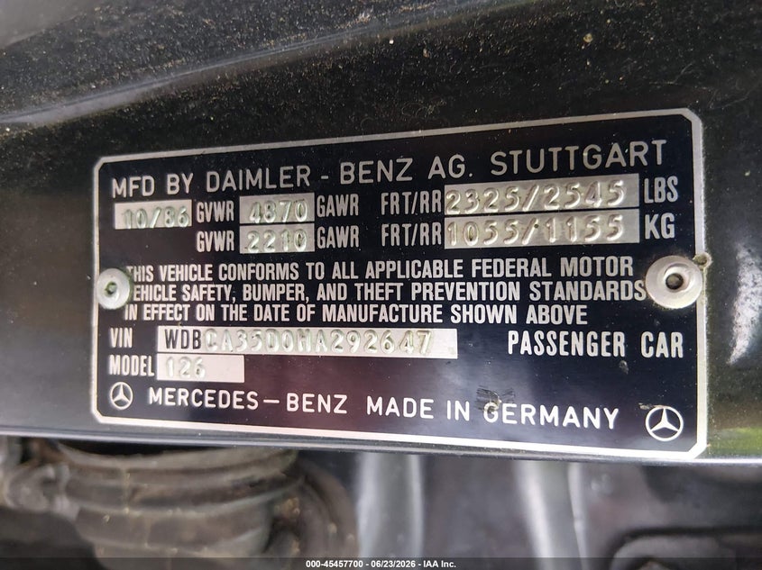 1987 Mercedes-benz VIN WDBCA35D0HA292647 IAAI salvage auction — NORMAL WEAR, Clear (South Carolina), sold $1,700 on 2026-07-29 (photo 9)