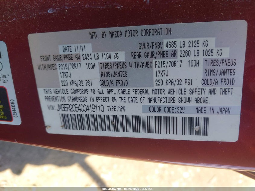 2012 Mazda Cx-7 VIN JM3ER2C54C0419110 IAAI salvage auction — FRONT END, Clear (New York), sold $475 on 2026-07-28 (photo 9)