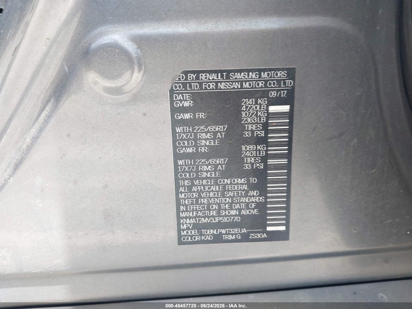 2018 Nissan Rogue VIN KNMAT2MV3JP510770 IAAI salvage auction — FRONT END, Salvage Title, sold $1,150 on 2026-07-30 (photo 9)