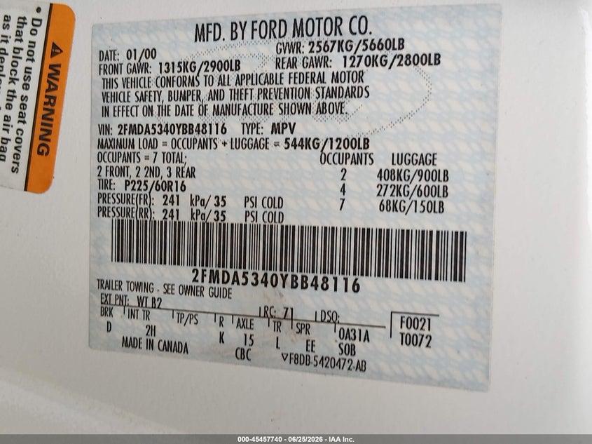 2000 Ford Windstar VIN 2FMDA5340YBB48116 IAAI salvage auction — NORMAL WEAR, Clear (Washington), sold $275 on 2026-07-08 (photo 9)