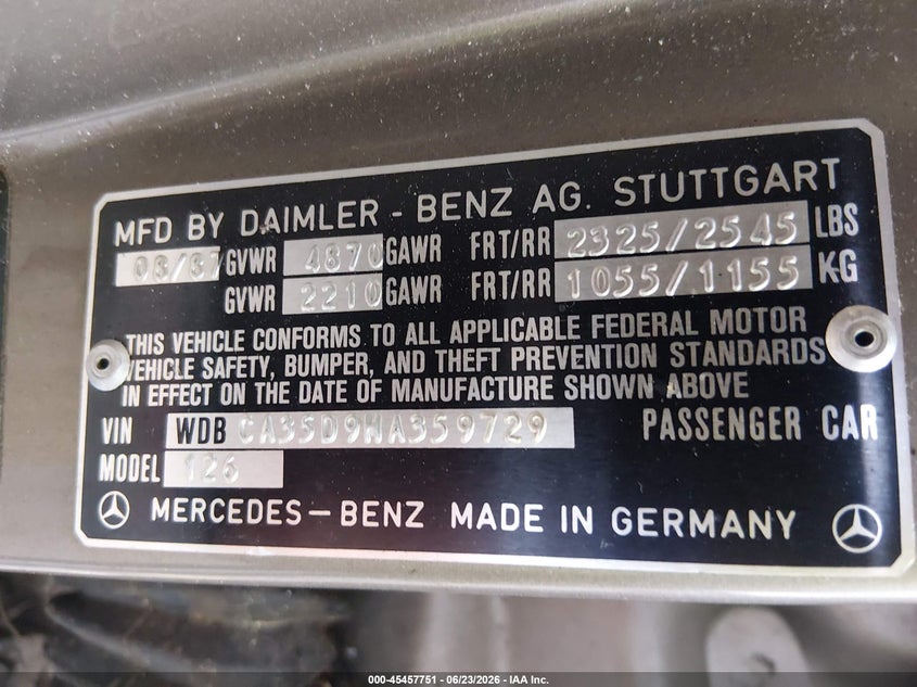 1987 Mercedes-benz VIN WDBCA35D9HA359729 IAAI salvage auction — NORMAL WEAR, Clear (South Carolina), sold $1,825 on 2026-07-22 (photo 9)