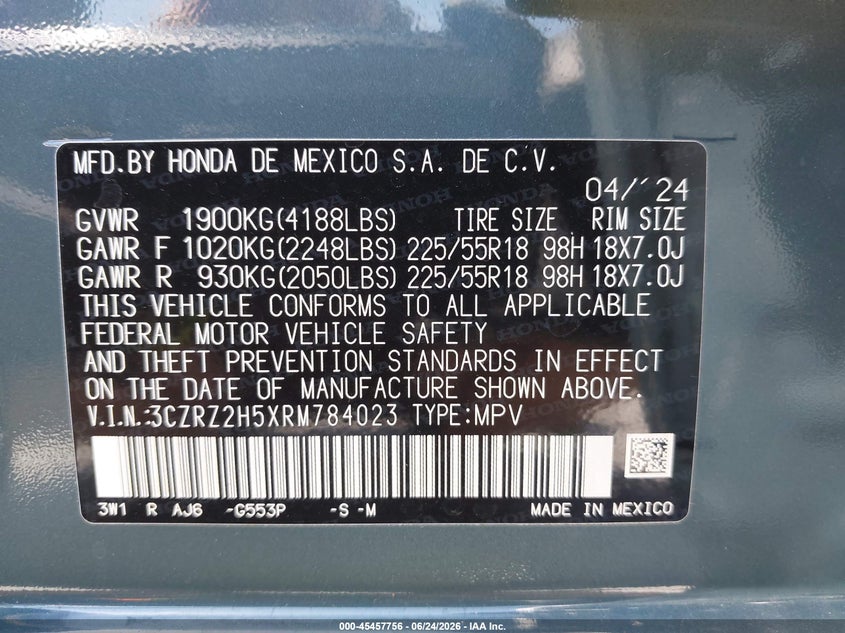 2024 Honda Hr-v VIN 3CZRZ2H5XRM784023 IAAI salvage auction — REAR END, Bill Of Sale (Washington), sold $11,000 on 2026-07-29 (photo 9)