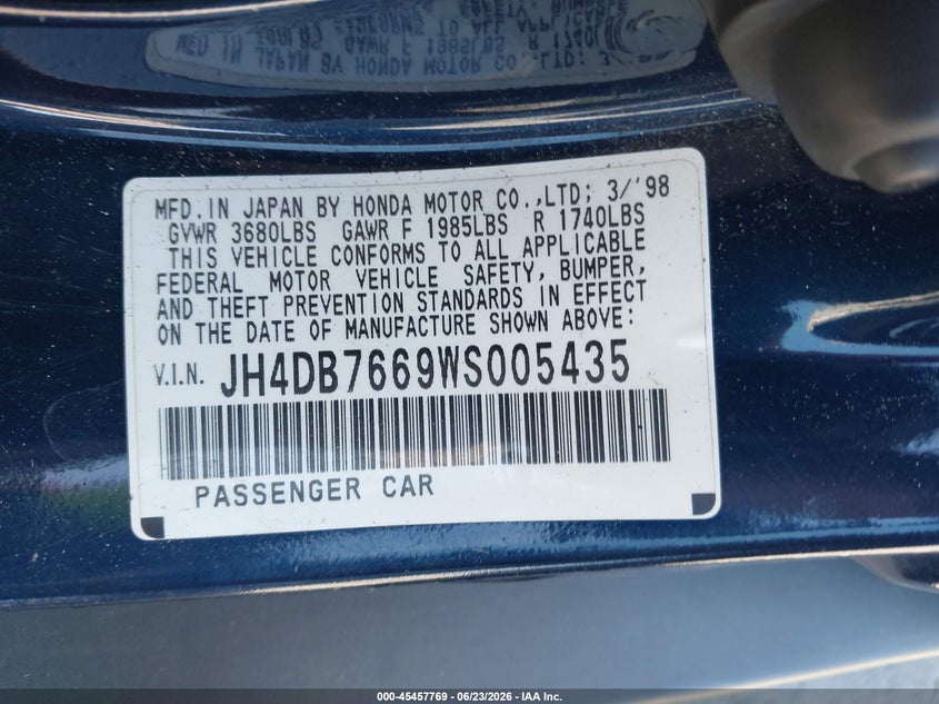 1998 Acura Integra VIN JH4DB7669WS005435 IAAI salvage auction — NORMAL WEAR, Clear - Dealer Only (California), sold $4,250 on 2026-07-06 (photo 9)