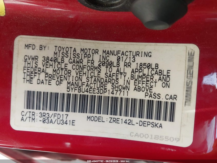 2013 Toyota Corolla VIN 5YFBU4EE3DP147711 IAAI salvage auction — LEFT REAR, Nrc Lienholder Repossession Paperwork (Texas), sold $3,050 on 2026-07-13 (photo 9)