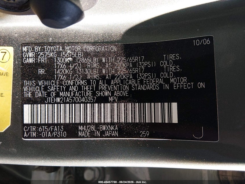 2007 Toyota Highlander hybrid VIN JTEHW21A570040357 IAAI salvage auction — FRONT END, Bill Of Sale (Washington), sold $825 on 2026-07-12 (photo 9)