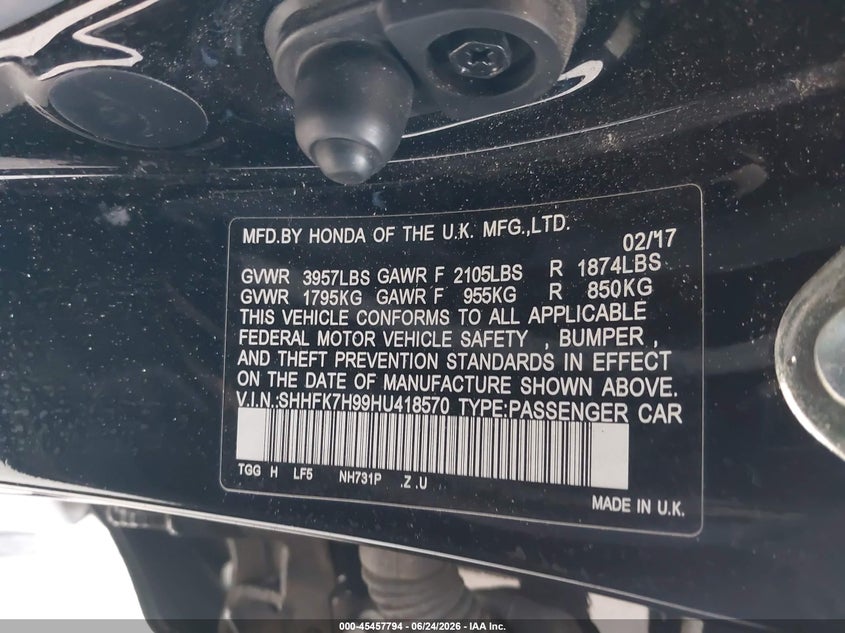 2017 Honda Civic VIN SHHFK7H99HU418570 IAAI salvage auction — LEFT FRONT, Salvage Title, sold $4,775 on 2026-07-22 (photo 9)
