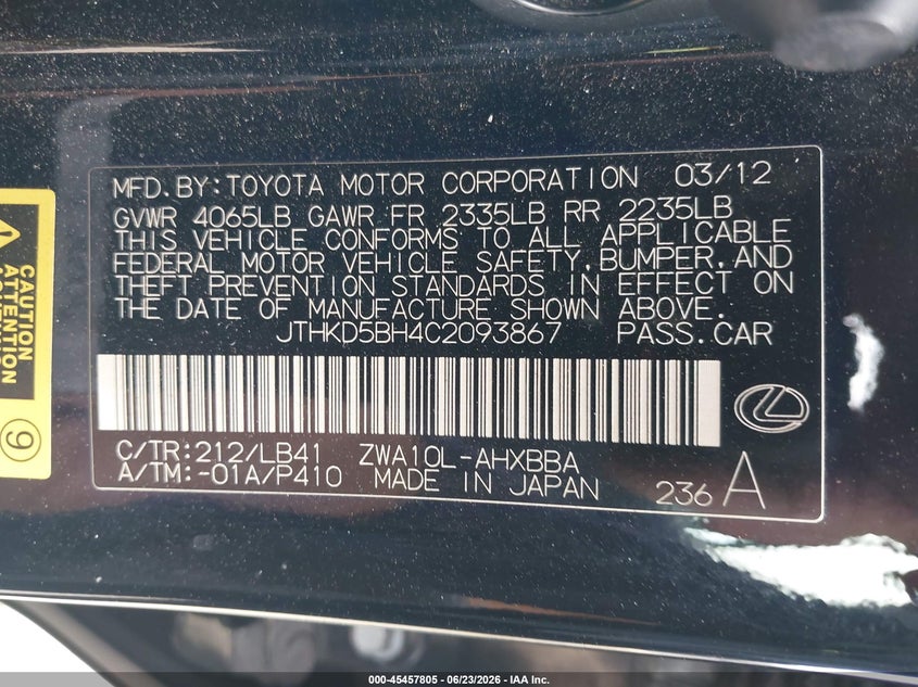 2012 Lexus Ct VIN JTHKD5BH4C2093867 IAAI salvage auction — FRONT END, Salvage (California), sold $1,350 on 2026-07-29 (photo 9)