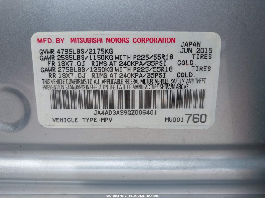 2016 Mitsubishi Outlander VIN JA4AD3A39GZ006401 IAAI salvage auction — RIGHT FRONT, Salvage (South Carolina), sold $1,850 on 2026-07-22 (photo 9)