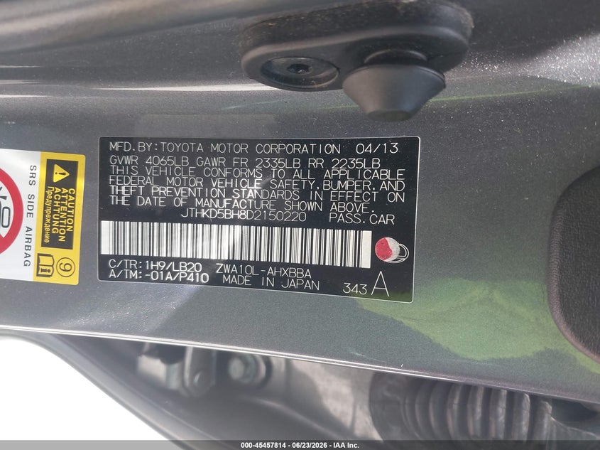 2013 Lexus Ct VIN JTHKD5BH8D2150220 IAAI salvage auction — REAR END, Salvage (California), sold $2,250 on 2026-07-10 (photo 9)